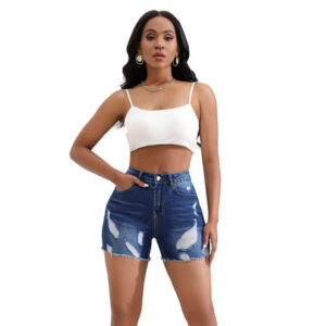 High-Waist Ripped Denim Shorts for Women – Stretch Fit, 4 Colors
