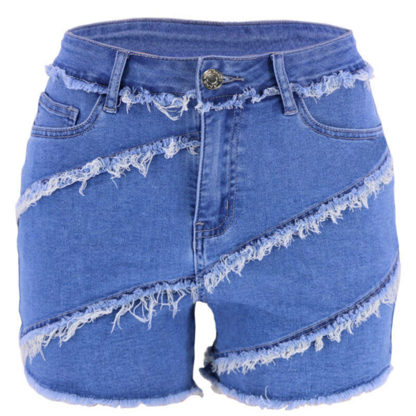 Patchwork High-Waisted Denim Shorts with Durable Fringe - Image 3