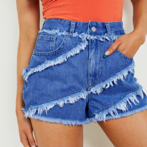 Patchwork High-Waisted Denim Shorts with Durable Fringe