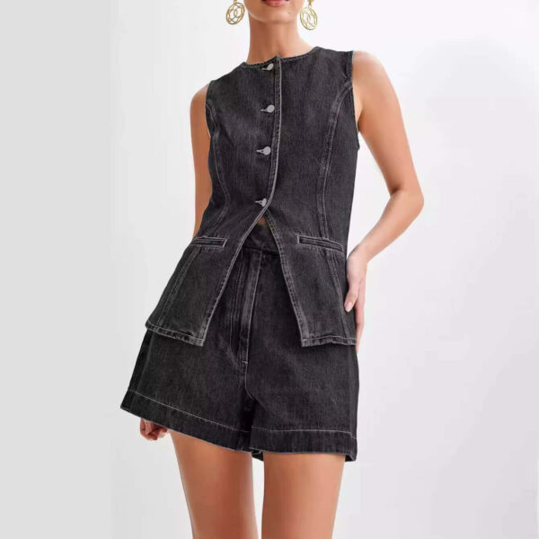Women's Sleeveless Denim Vest and Shorts Set - Image 2